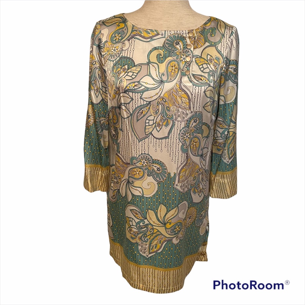 ETCETERA TOP TUNIC MULTI COLOR WHITE GREEN YELLOW SILK FLORAL SIZE 6